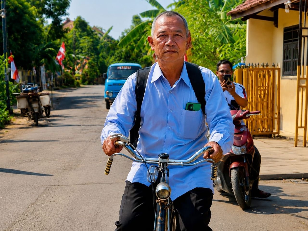 Nyentrik! Sugiarto Daftar Calon Kades Padek Naik Sepeda Ontel, Tanpa Iring-iringan Ratusan Pendukung